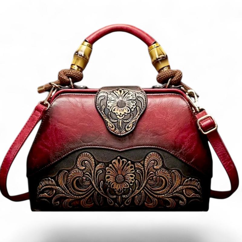 Red Floral Vintage Leather Shoulder Bag Retro with Gold Hardware Accents