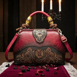 Red Floral Vintage Leather Shoulder Bag Retro with Gold Hardware Accents