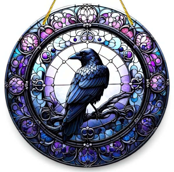 Raven Suncatcher Acrylic Faux Stained Glass Gothic Window Hanging Decor