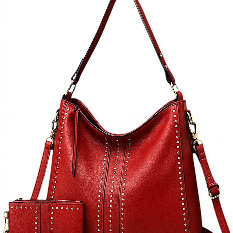 Women's Retro Punk Rivet Tote Bag w/ Wallet – Large Capacity Shoulder Handbag