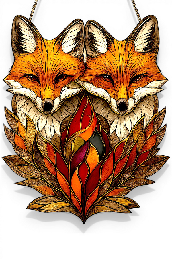 Fox Suncatcher Faux Stained Glass Fall Leaves Autumn Window Hanging Decor