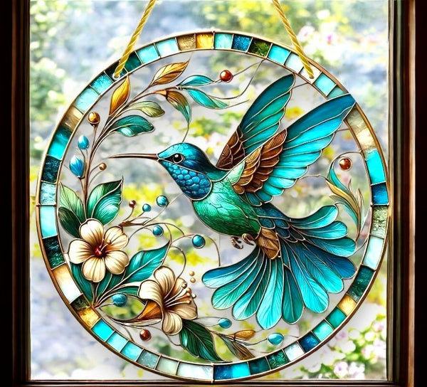 Faux Stained Glass Acrylic Art - 8" Teal Hummingbird Window Panel