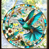 Faux Stained Glass Acrylic Art - 8" Teal Hummingbird Window Panel