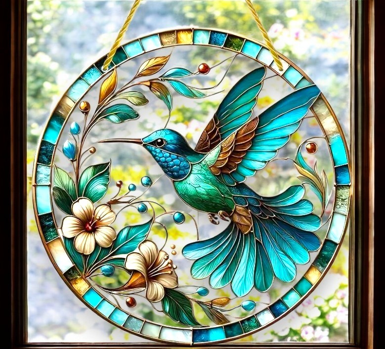 Faux Stained Glass Acrylic Art - 8" Teal Hummingbird Window Panel