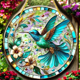 Faux Stained Glass Acrylic Art - 8" Teal Hummingbird Window Panel