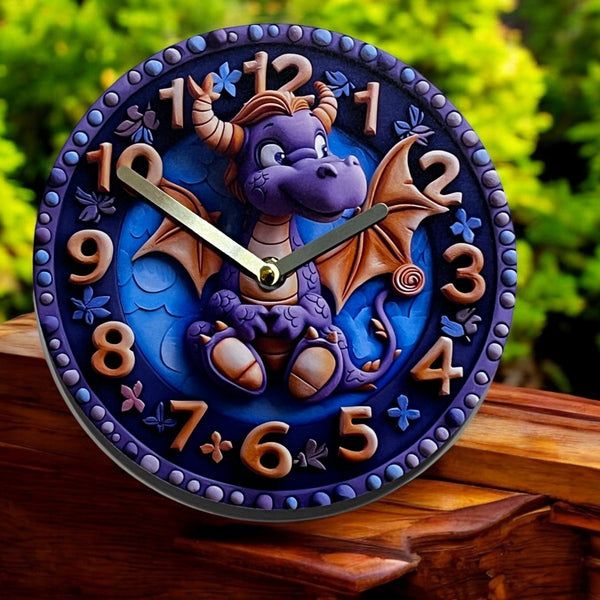 "12-Inch Cute Purple Dragon Clock - Whimsical Fantasy Wall Decor"