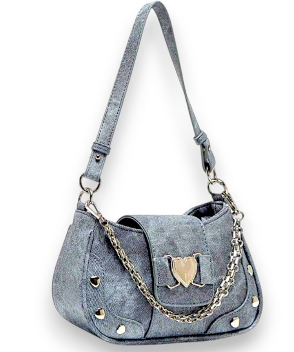 Denim Heart Chain Shoulder Bag Y2K Punk Crossbody Purse 9.8in Cute Style