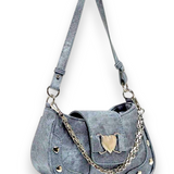 Denim Heart Chain Shoulder Bag Y2K Punk Crossbody Purse 9.8in Cute Style