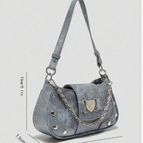 Denim Heart Chain Shoulder Bag Y2K Punk Crossbody Purse 9.8in Cute Style
