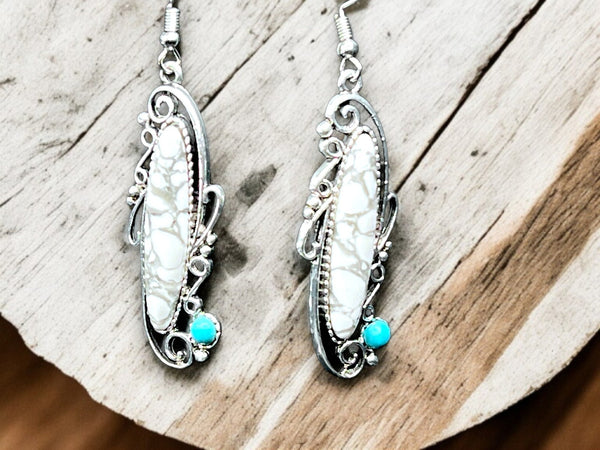 White Marble Glass Dangle Earrings Silver Tone 2" Boho Vintage Style