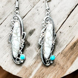 White Marble Glass Dangle Earrings Silver Tone 2" Boho Vintage Style