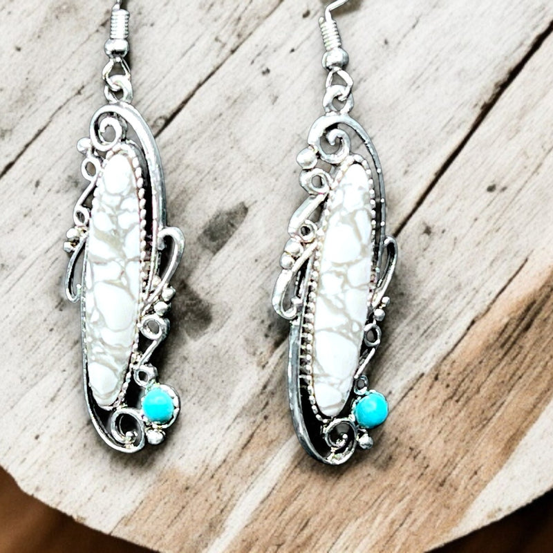 White Marble Glass Dangle Earrings Silver Tone 2" Boho Vintage Style