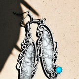 White Marble Glass Dangle Earrings Silver Tone 2" Boho Vintage Style