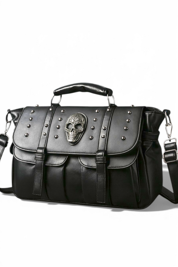 Gothic Skull Studded Black PU Leather Shoulder Bag Crossbody Satchel 14"