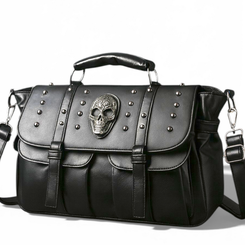 Gothic Skull Studded Black PU Leather Shoulder Bag Crossbody Satchel 14"