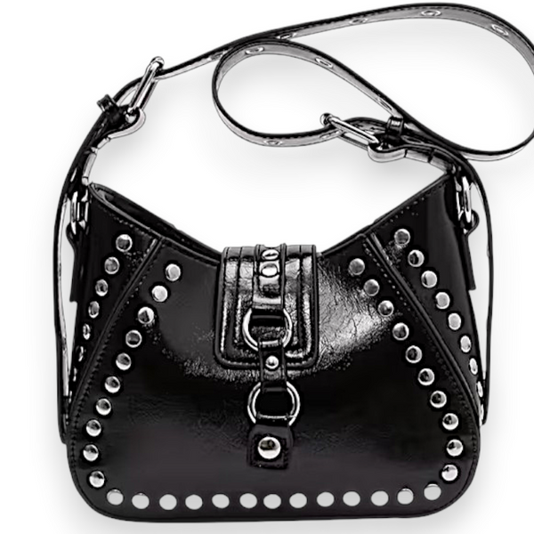 Gothic Black Studded Shoulder Bag 8.6" Punk Rock PU Purse with Adjustable Strap
