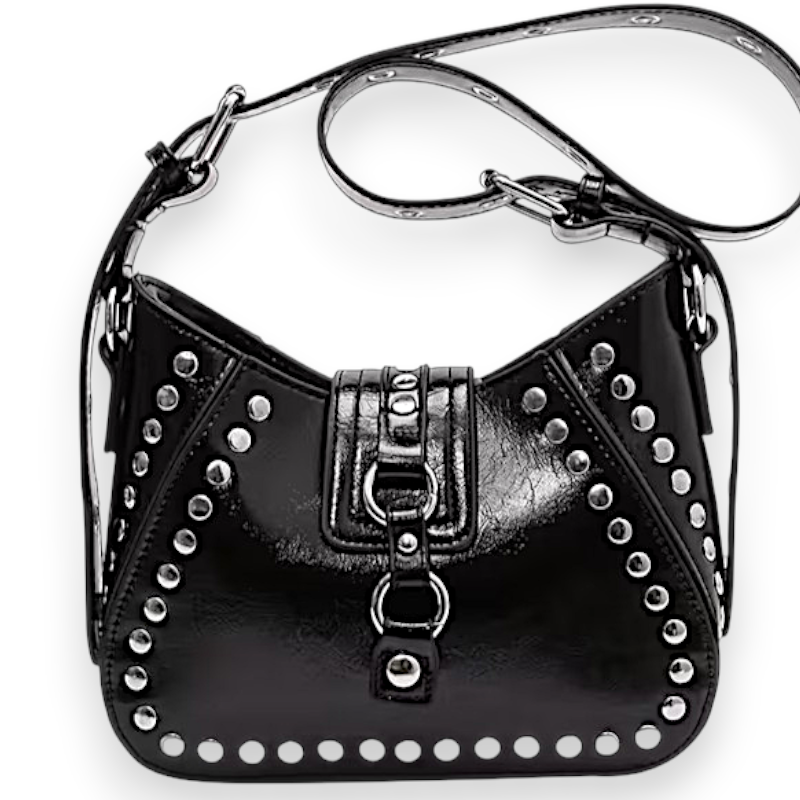 Gothic Black Studded Shoulder Bag 8.6" Punk Rock PU Purse with Adjustable Strap