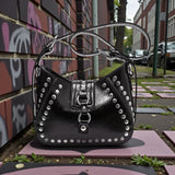 Gothic Black Studded Shoulder Bag 8.6" Punk Rock PU Purse with Adjustable Strap