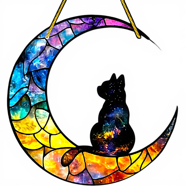 Cat Moon Suncatcher 8” Faux Stained Glass Window Hanging Galaxy Decor Gift