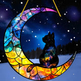 Cat Moon Suncatcher 8” Faux Stained Glass Window Hanging Galaxy Decor Gift