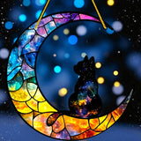 Cat Moon Suncatcher 8” Faux Stained Glass Window Hanging Galaxy Decor Gift