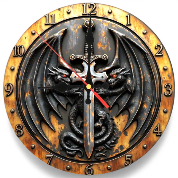 Dragon Sword Wall Clock 9.8 Inch Silent Gothic Fantasy Wooden Home Decor