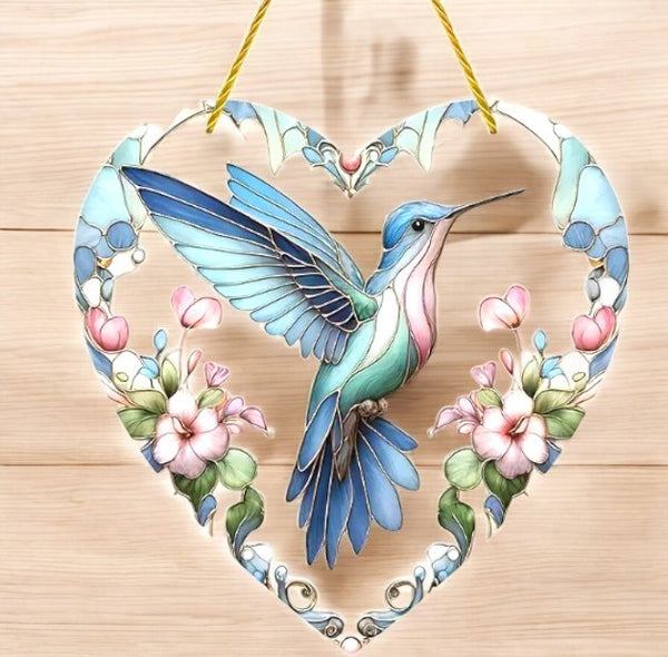 Heart-Shaped Hummingbird Stained Glass-Style Acrylic Suncatcher - 8in Floral Win