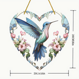 Heart-Shaped Hummingbird Stained Glass-Style Acrylic Suncatcher - 8in Floral Win