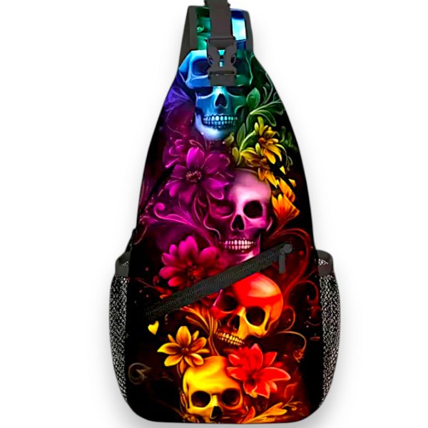 Rainbow Skull Sling Bag 15" Crossbody Chest Backpack with Pockets Gothic Floral