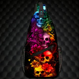 Rainbow Skull Sling Bag 15" Crossbody Chest Backpack with Pockets Gothic Floral