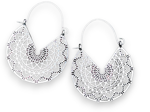 Silver Mandala Hoop Earrings Boho Filigree Sacred Geometry Lotus Flower Jewelry