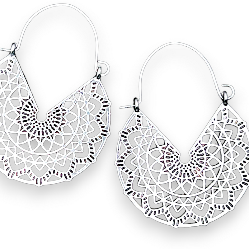 Silver Mandala Hoop Earrings Boho Filigree Sacred Geometry Lotus Flower Jewelry