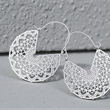 Silver Mandala Hoop Earrings Boho Filigree Sacred Geometry Lotus Flower Jewelry