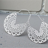 Silver Mandala Hoop Earrings Boho Filigree Sacred Geometry Lotus Flower Jewelry