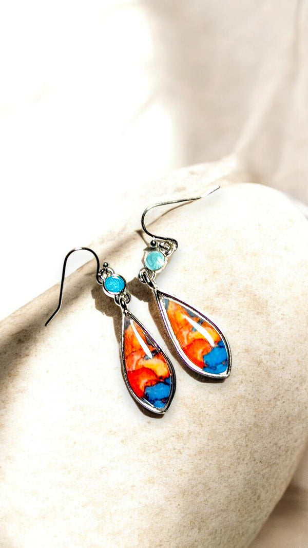 Colorful Glass Teardrop Earrings Silver Tone 2" Dangle Boho Art Style