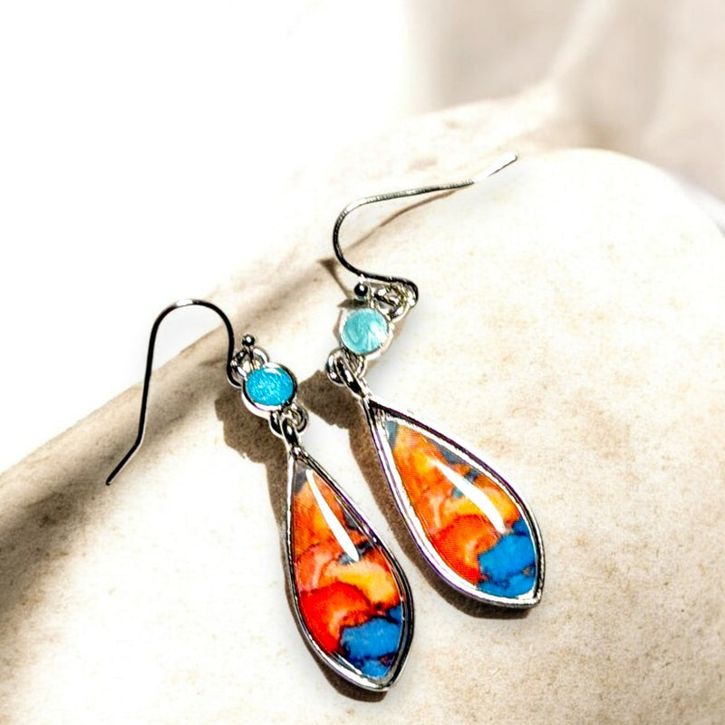 Colorful Glass Teardrop Earrings Silver Tone 2" Dangle Boho Art Style