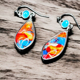 Colorful Glass Teardrop Earrings Silver Tone 2" Dangle Boho Art Style