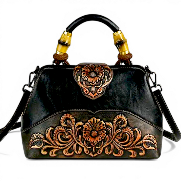 Black Floral Embossed Leather Shoulder Bag Vintage Retro Handbag for Women