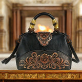 Black Floral Embossed Leather Shoulder Bag Vintage Retro Handbag for Women