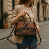 Brown Floral Embossed Leather Retro Shoulder Bag Vintage Women Handbag