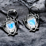 Blue Glass Shield Dangle Earrings Silver Tone 1" Gothic Fantasy Style