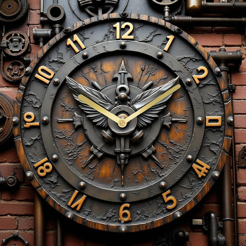Steampunk Gothic Wall Clock 8” Silent Acrylic Wing Gear Industrial Home Decor