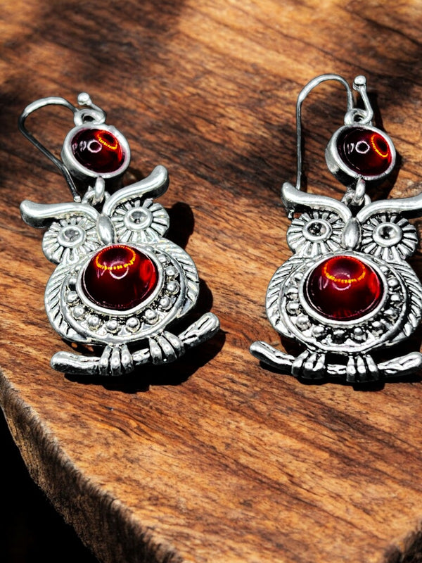 Red Owl Dangle Earrings 1in | Silver Tone Owl Charm Hook Earrings