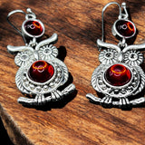 Red Owl Dangle Earrings 1in | Silver Tone Owl Charm Hook Earrings