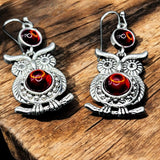 Red Owl Dangle Earrings 1in | Silver Tone Owl Charm Hook Earrings