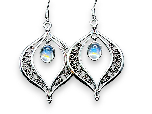Sterling Silver Filigree Leaf Dangle Earrings Iridescent Cabochon Drop 2”
