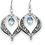 Sterling Silver Filigree Leaf Dangle Earrings Iridescent Cabochon Drop 2”