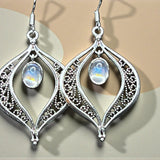 Sterling Silver Filigree Leaf Dangle Earrings Iridescent Cabochon Drop 2”