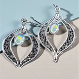 Sterling Silver Filigree Leaf Dangle Earrings Iridescent Cabochon Drop 2”