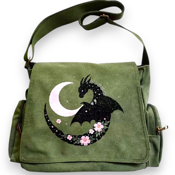 Dragon Moon Cherry Blossom Canvas Messenger Bag Olive Green Crossbody Satchel